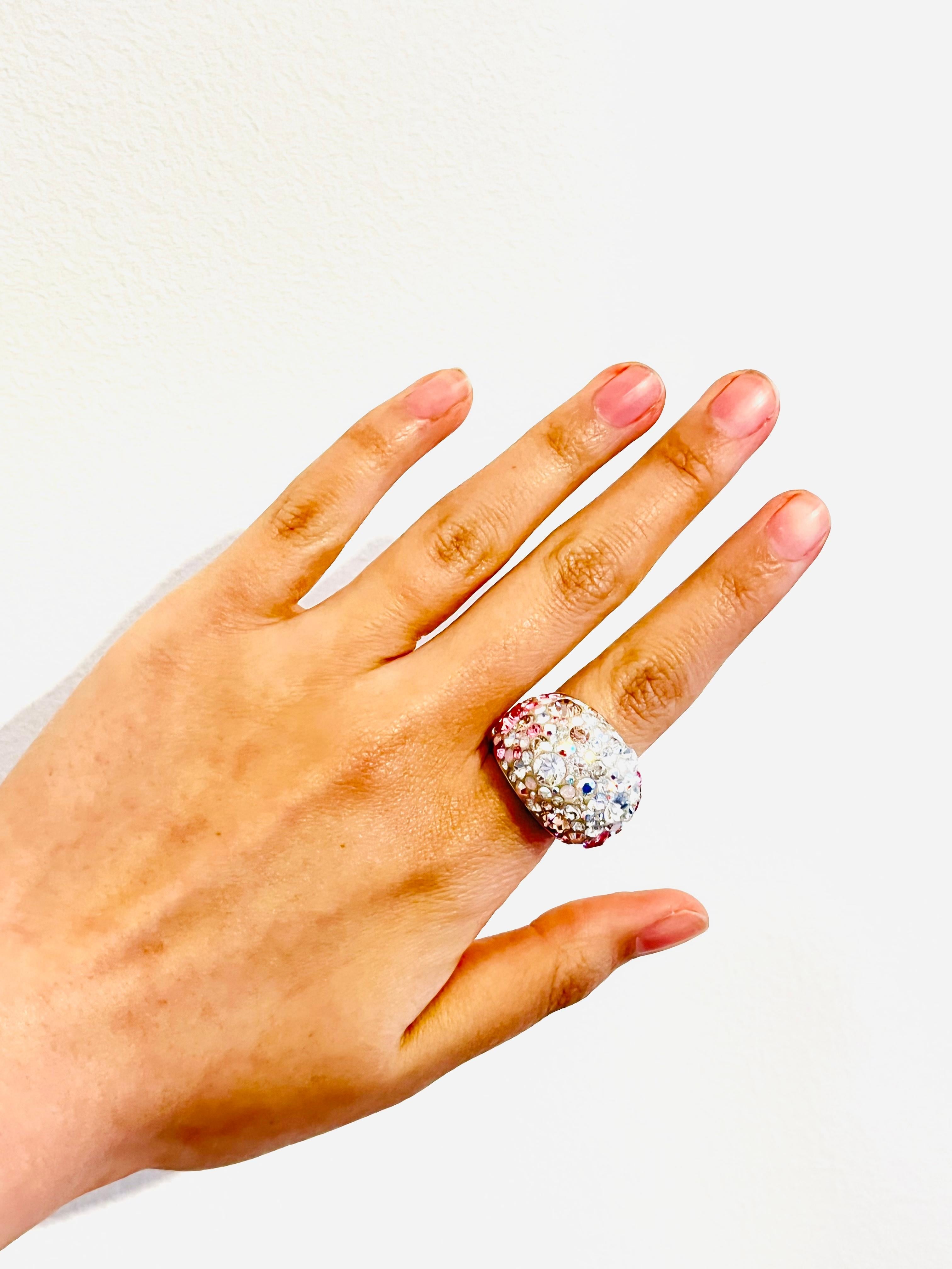 Art Deco Swarovski Nirvana Fully Cut Crystal Glitter Pink White Chunky Ring, Size 55 UK N For Sale