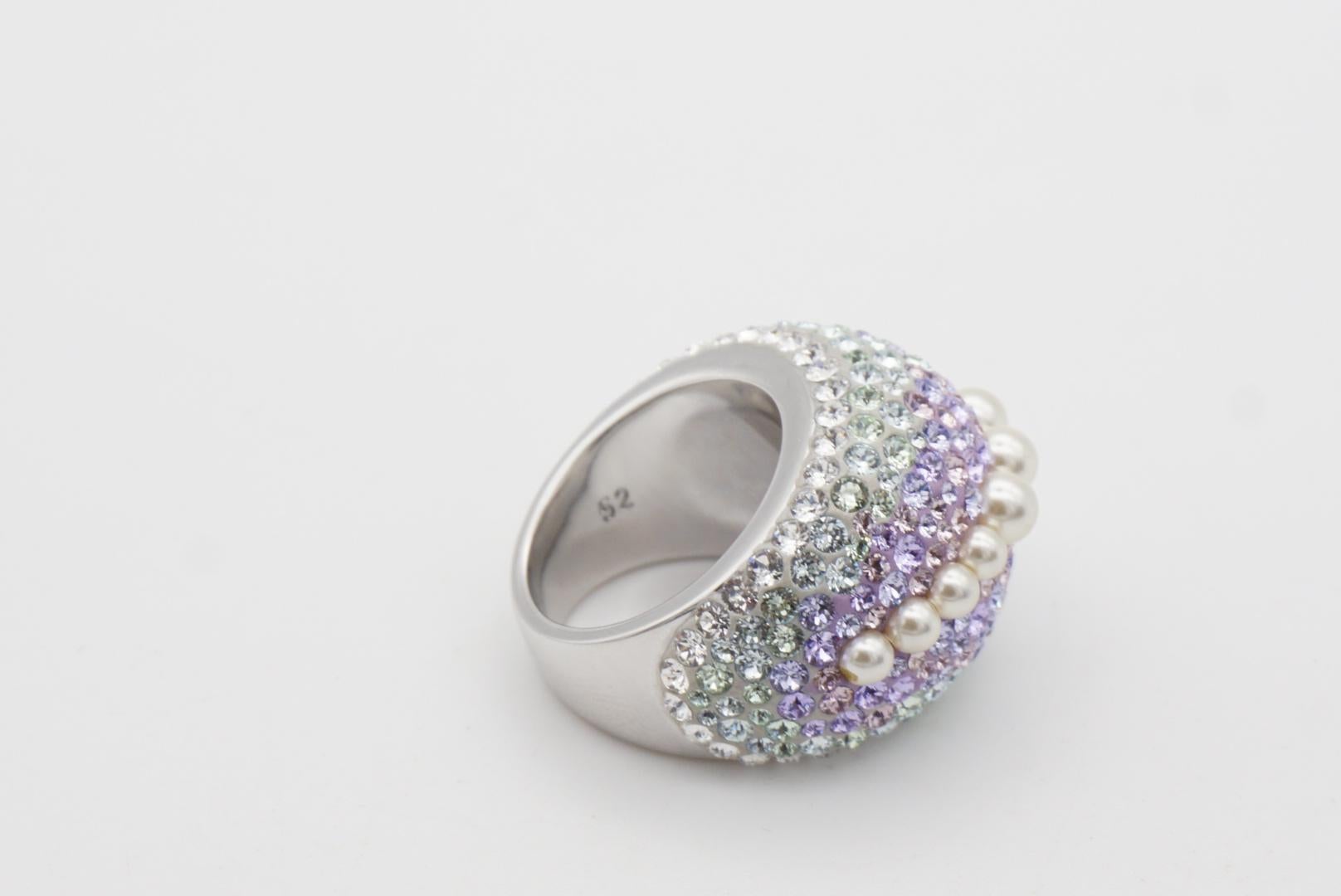 Swarovski Nirvana Fully Cut Lilac Crystal Glitter White Pearls Chunky Ring, 52 For Sale 2
