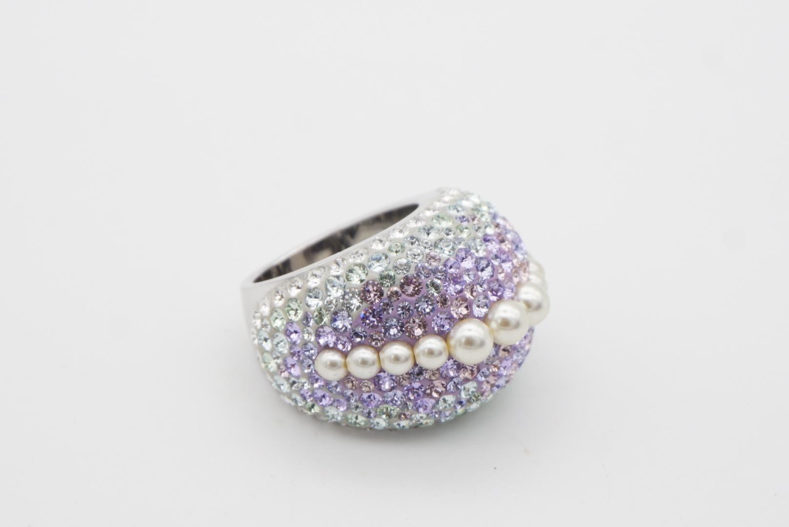 Swarovski Nirvana Fully Cut Lilac Crystal Glitter White Pearls Chunky Ring, 52 For Sale 4