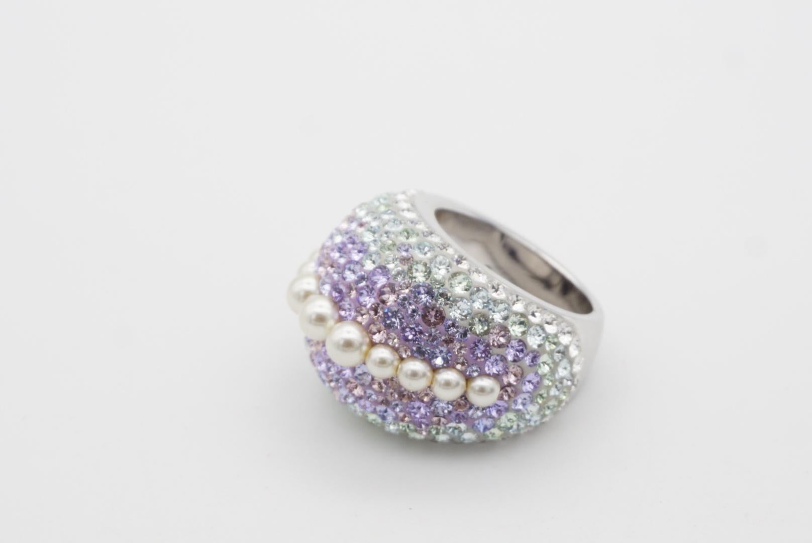 Swarovski Nirvana Fully Cut Lilac Crystal Glitter White Pearls Chunky Ring, 52 7