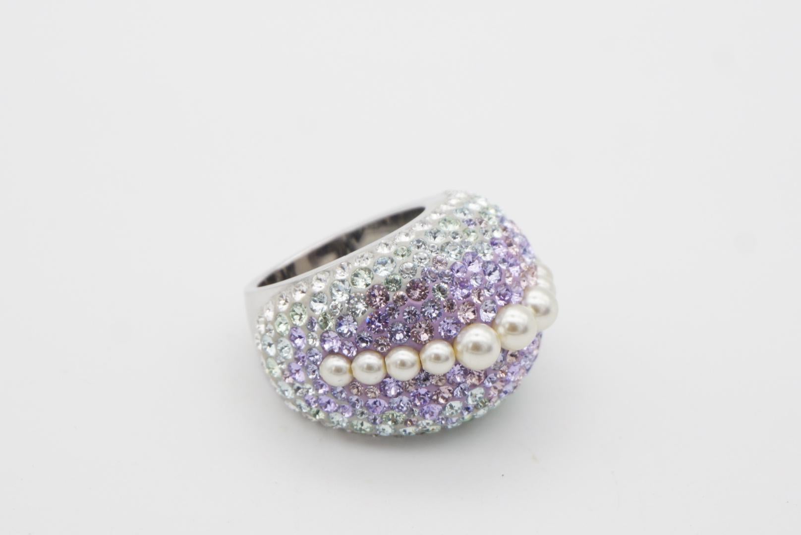 Swarovski Nirvana Fully Cut Lilac Crystal Glitter White Pearls Chunky Ring, 52 8