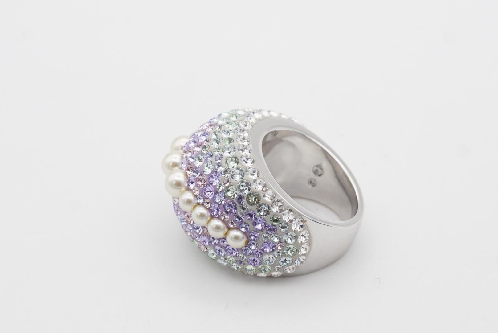 Swarovski Nirvana Fully Cut Lilac Crystal Glitter White Pearls Chunky Ring, 52 For Sale 9
