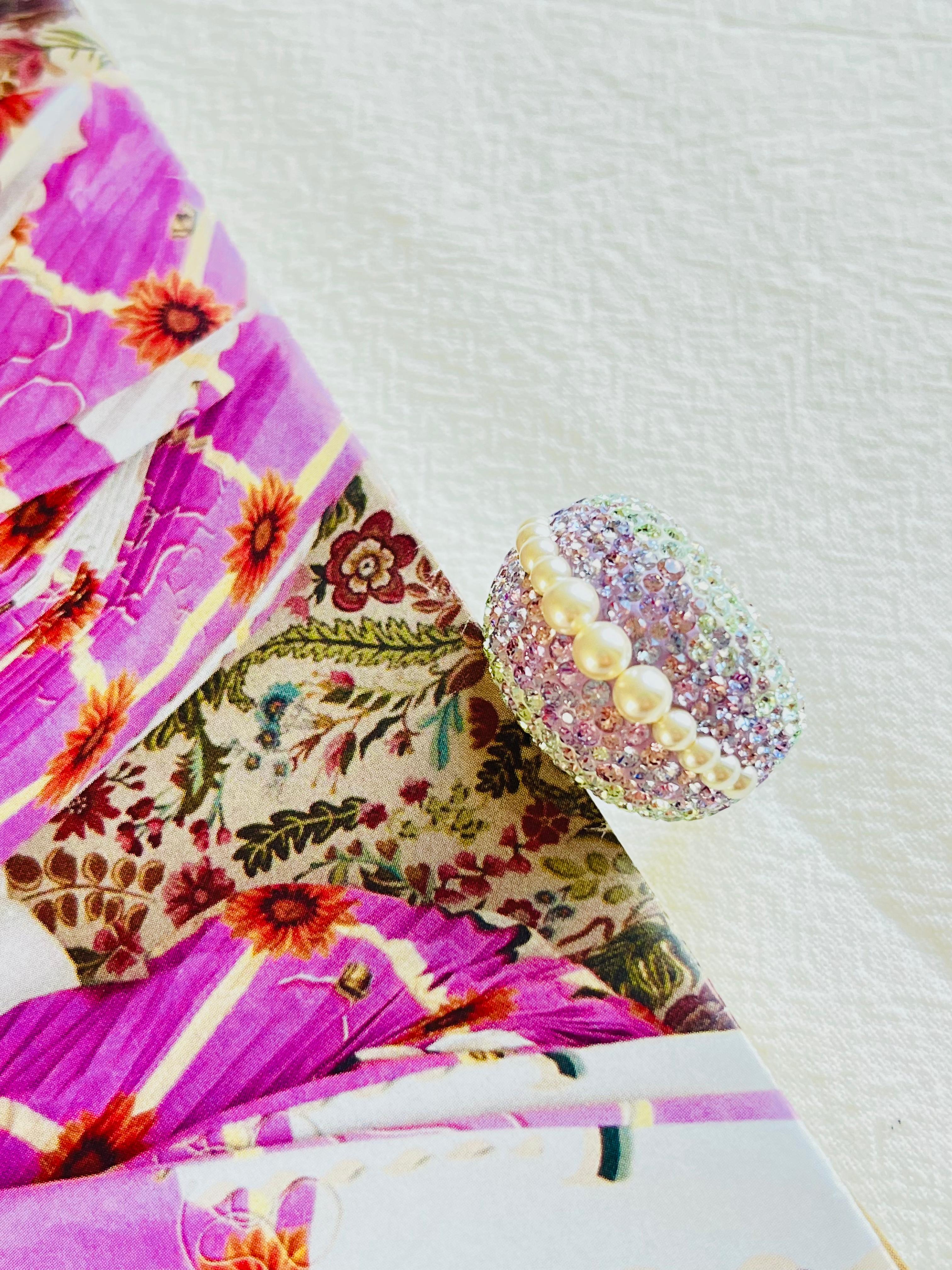 Romantic Swarovski Nirvana Fully Cut Lilac Crystal Glitter White Pearls Chunky Ring, 52 For Sale