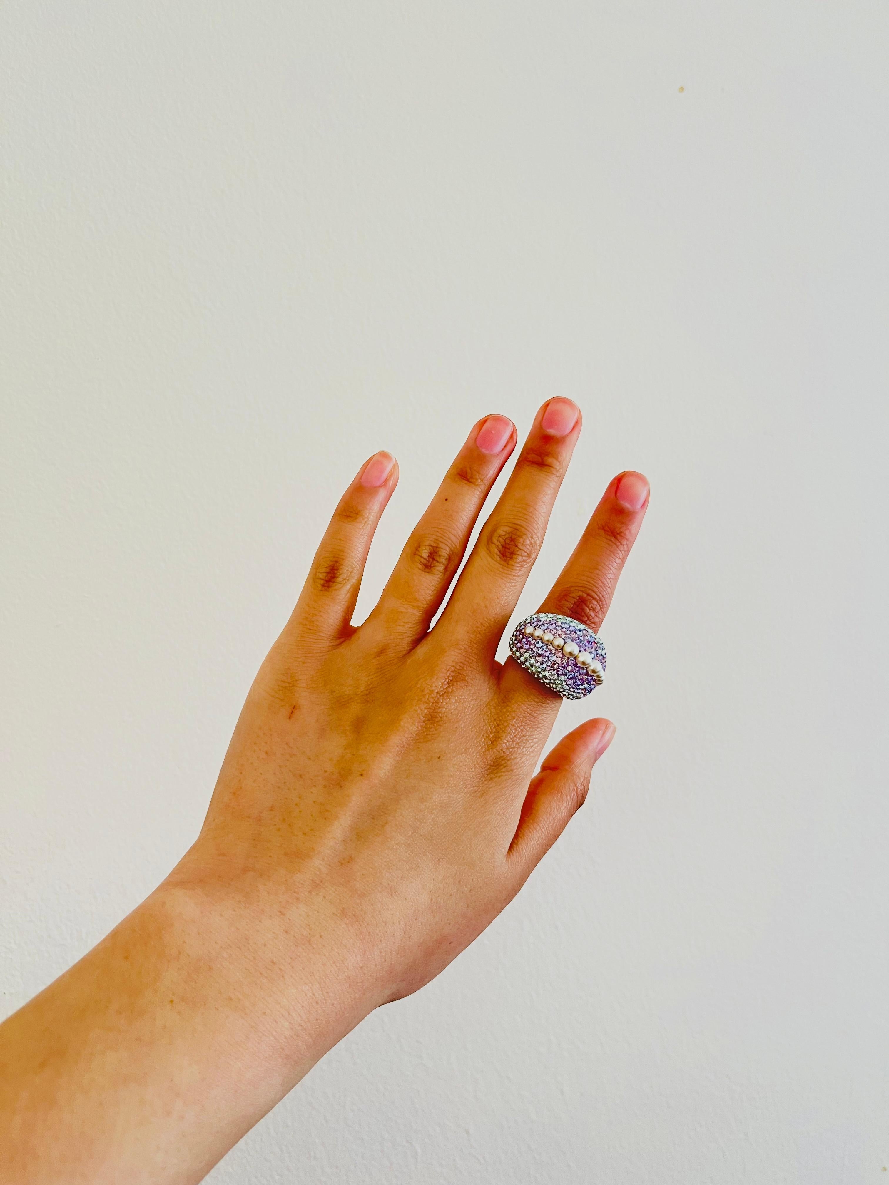 Swarovski Nirvana Fully Cut Lilac Crystal Glitter White Pearls Chunky Ring, 52 For Sale 2