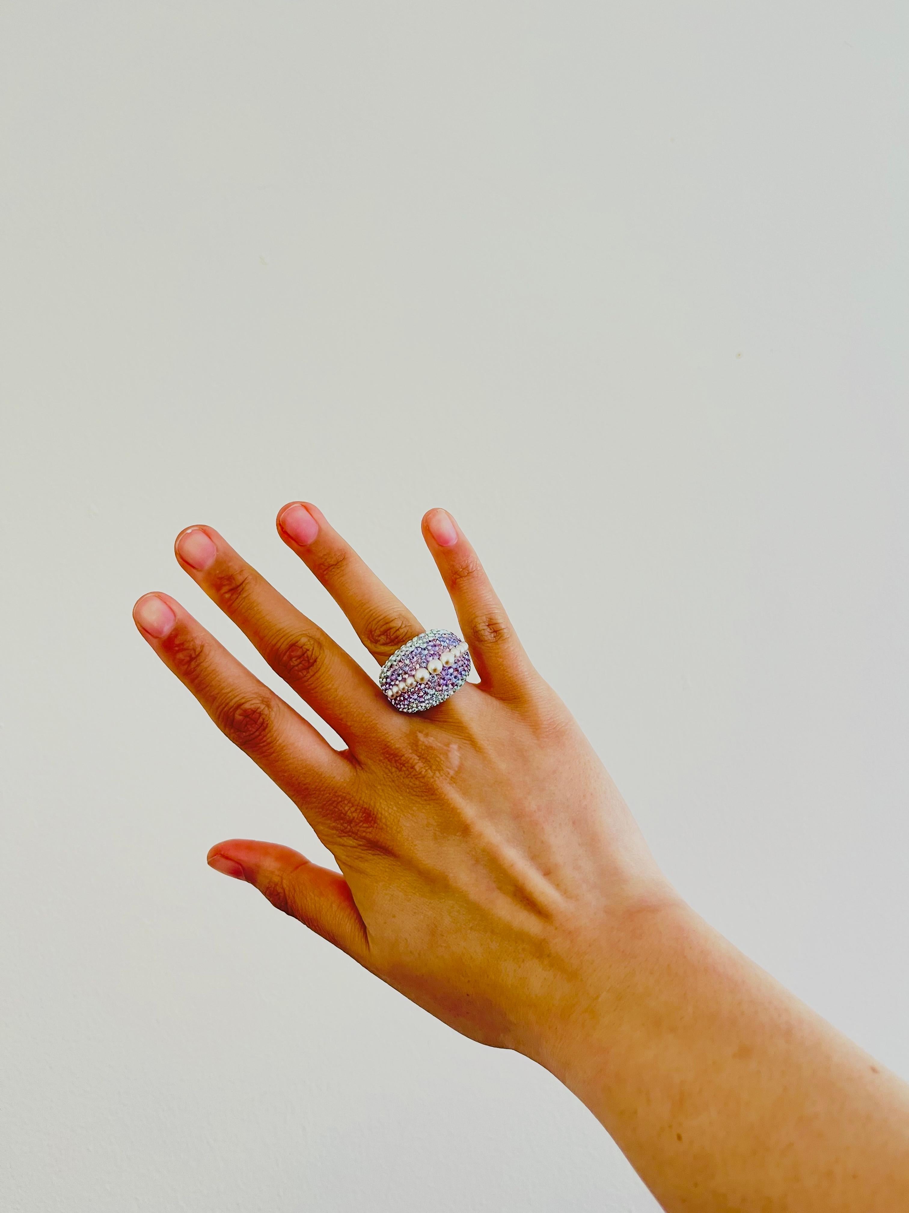 Swarovski Nirvana Fully Cut Lilac Crystal Glitter White Pearls Chunky Ring, 52 3