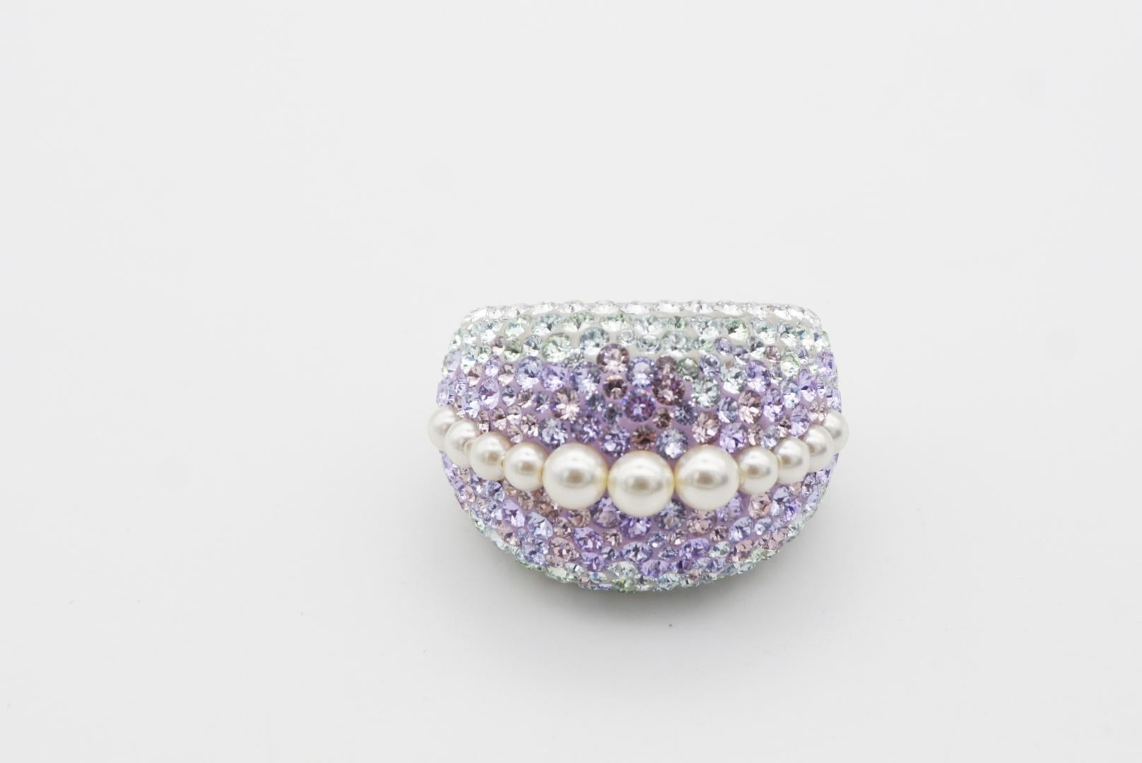 Swarovski Nirvana Fully Cut Lilac Crystal Glitter White Pearls Chunky Ring, 52 For Sale 1