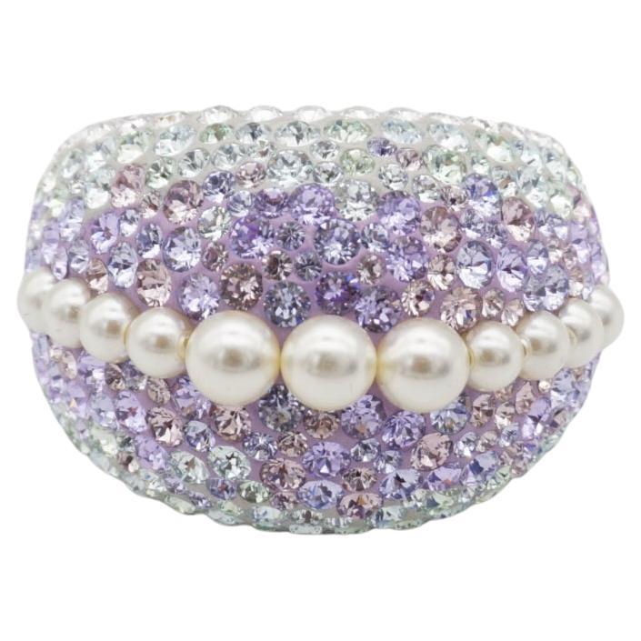 Swarovski Nirvana Fully Cut Lilac Crystal Glitter White Pearls Chunky Ring, 52 For Sale