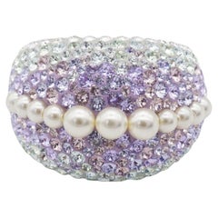 Swarovski Nirvana Fully Cut Lilac Crystal Glitter White Pearls Chunky Ring, 52