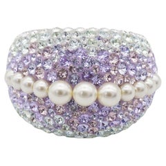 Swarovski Nirvana Fully Cut Lilac Crystal Glitter White Pearls Chunky Ring, 52