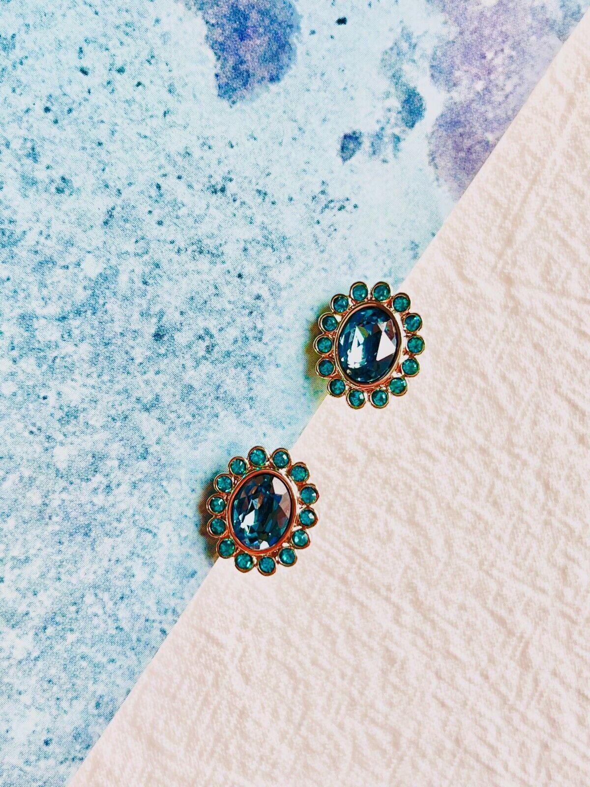 Art Deco Swarovski Nocturne Indian Sapphire Blue Flower Oval Crystals Pierced Earrings