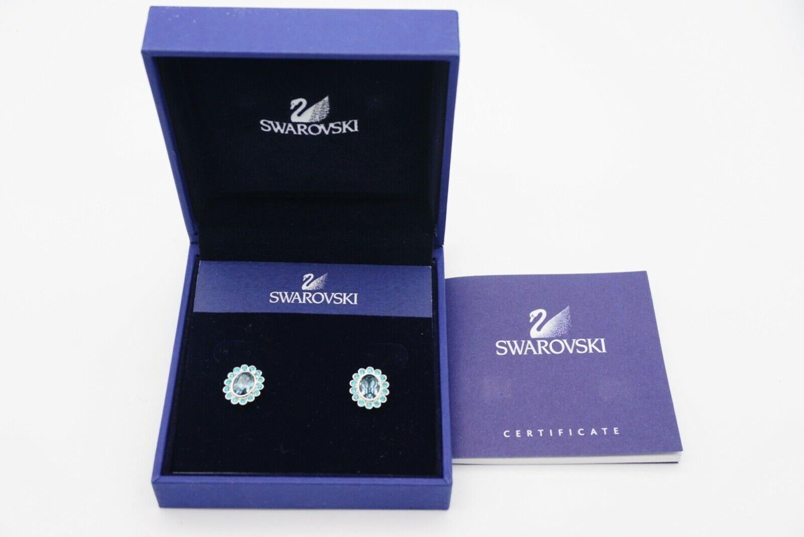 Swarovski Nocturne Indian Sapphire Blue Flower Oval Crystals Pierced Earrings 1