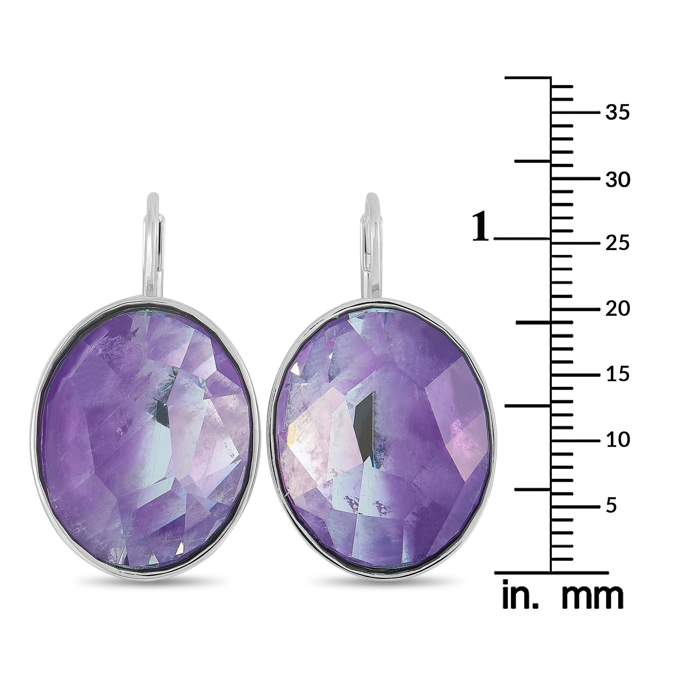 Mixed Cut Swarovski Oval Rhodium-Plated Stainless Steel and Purple Crystal Earrings For Sale