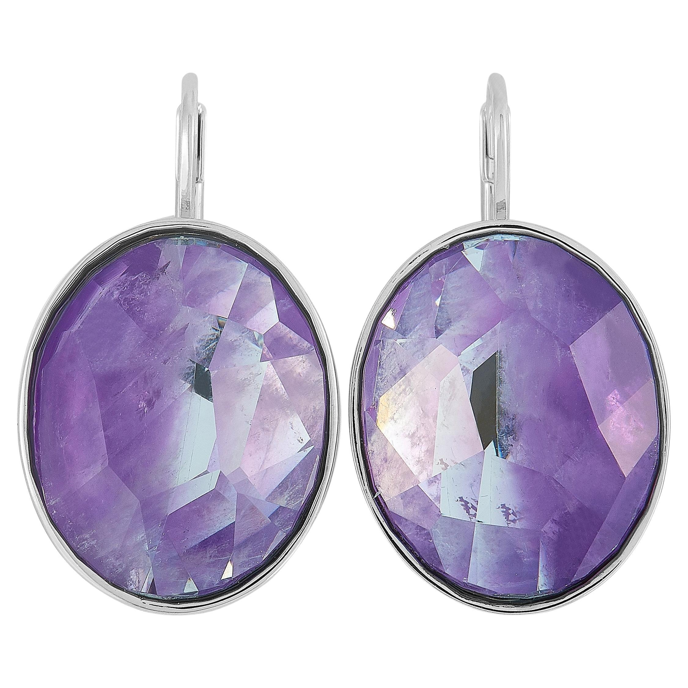 Swarovski Oval Rhodium-Plated Stainless Steel and Purple Crystal Earrings For Sale