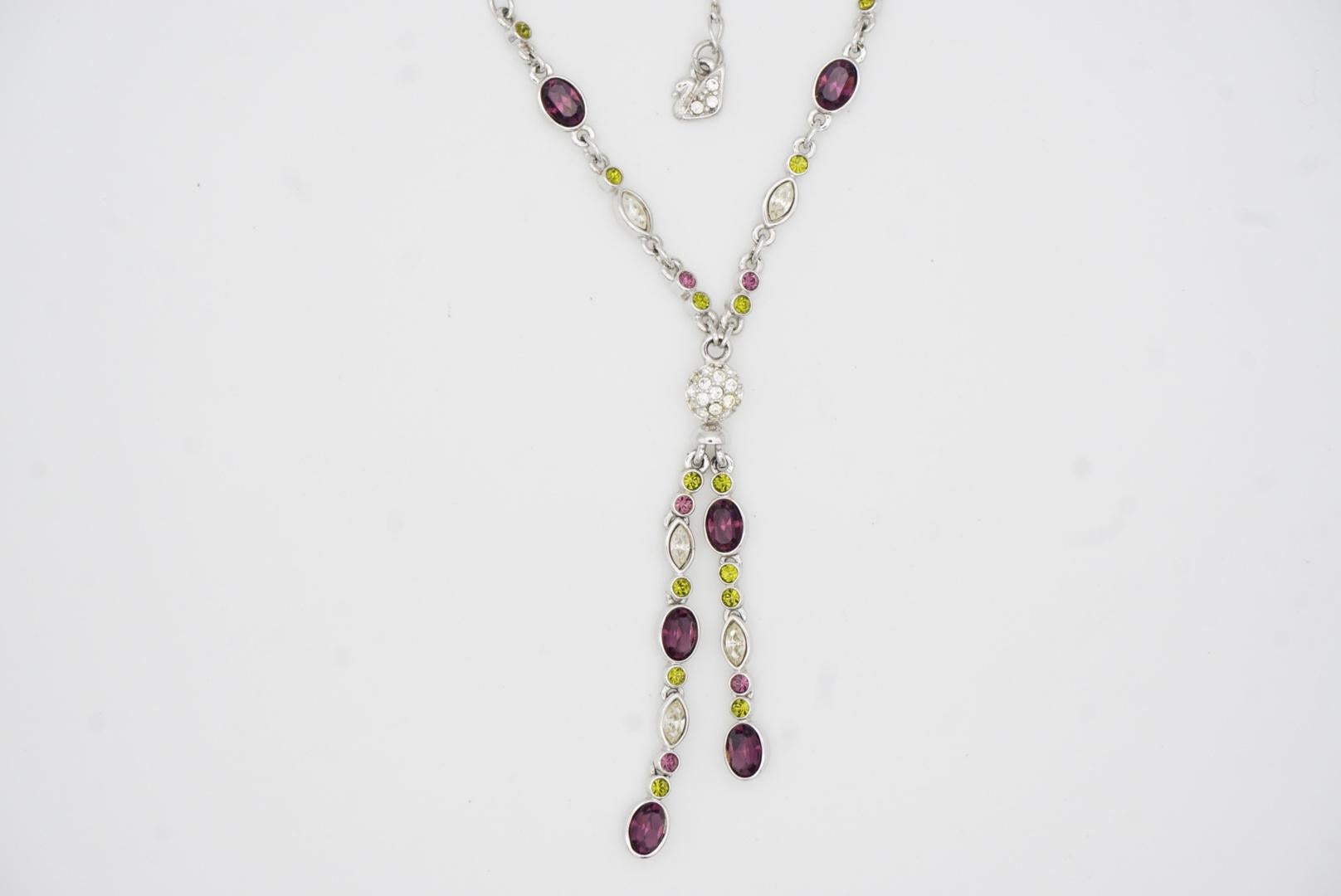 Swarovski Oval White Purple Green Crystals Tassel Y Opera Silver Long Necklace For Sale 5