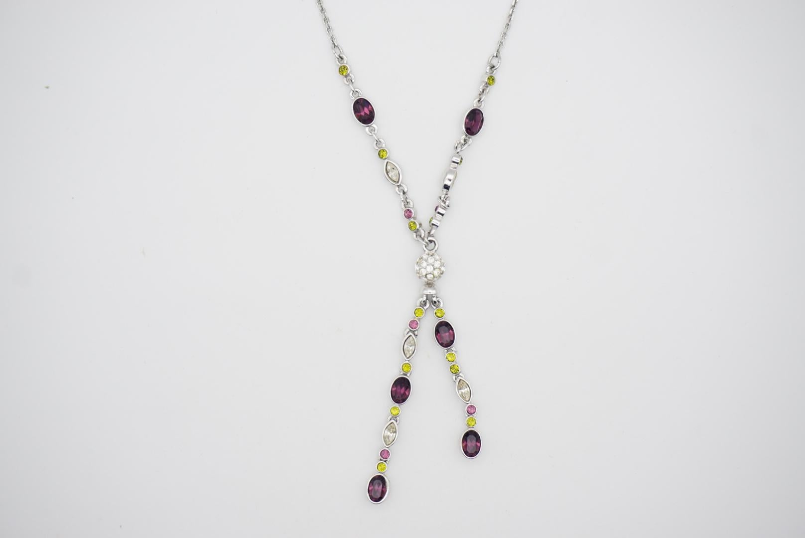 Swarovski Oval White Purple Green Crystals Tassel Y Opera Silver Long Necklace For Sale 8