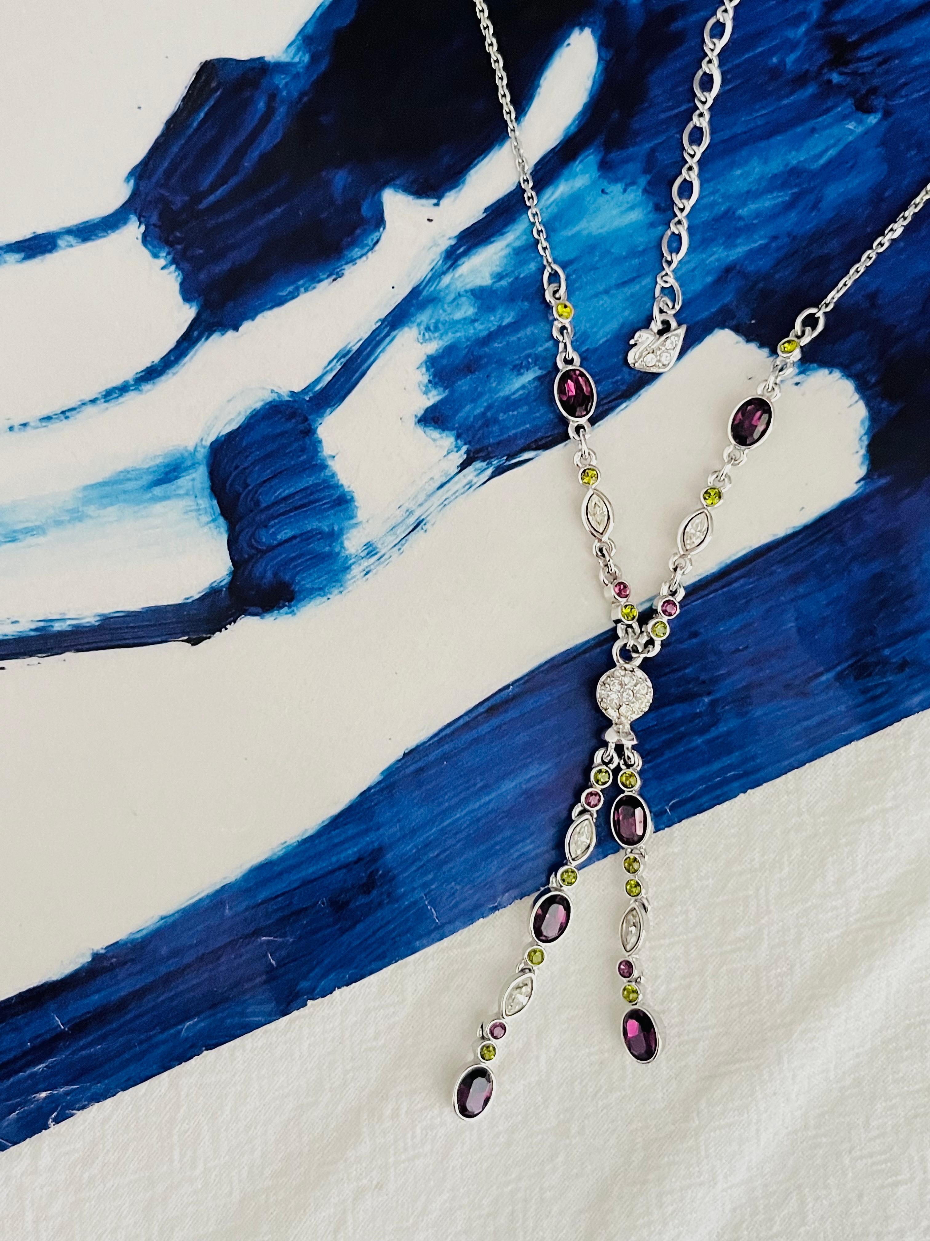 Art Deco Swarovski Oval White Purple Green Crystals Tassel Y Opera Silver Long Necklace For Sale