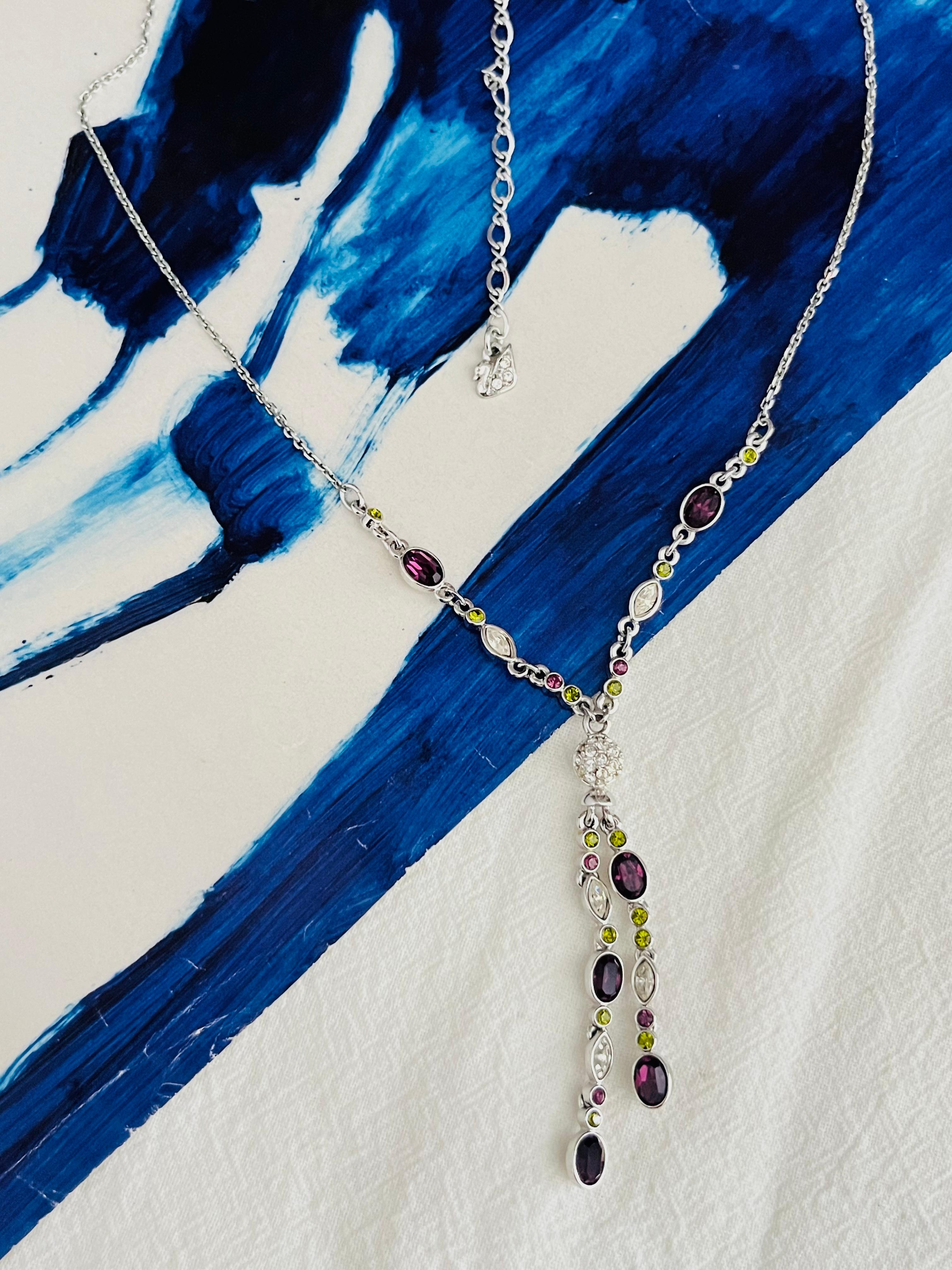 Swarovski Oval White Purple Green Crystals Tassel Y Opera Silver Long Necklace In Excellent Condition For Sale In Wokingham, England