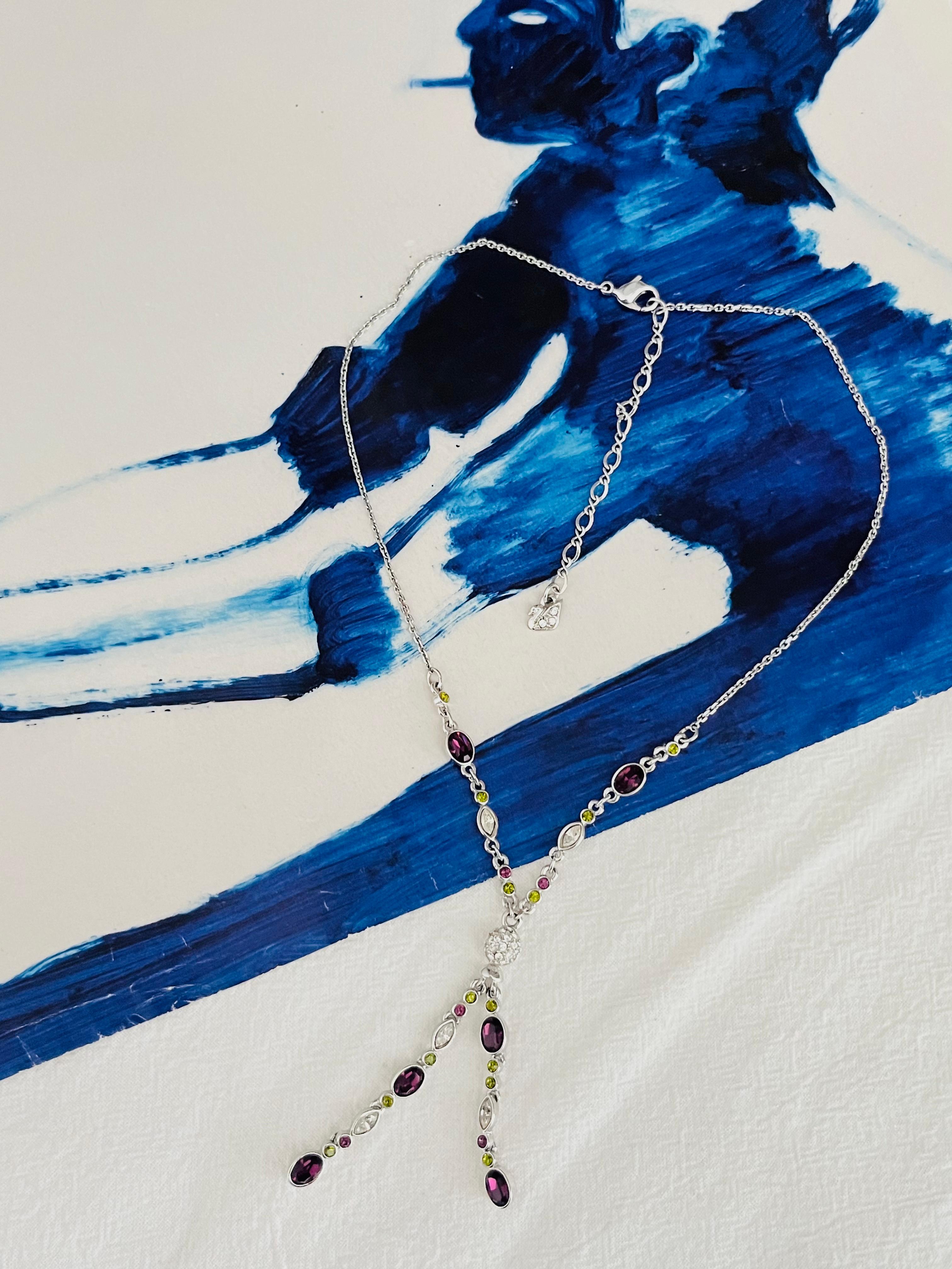 Women's or Men's Swarovski Oval White Purple Green Crystals Tassel Y Opera Silver Long Necklace For Sale
