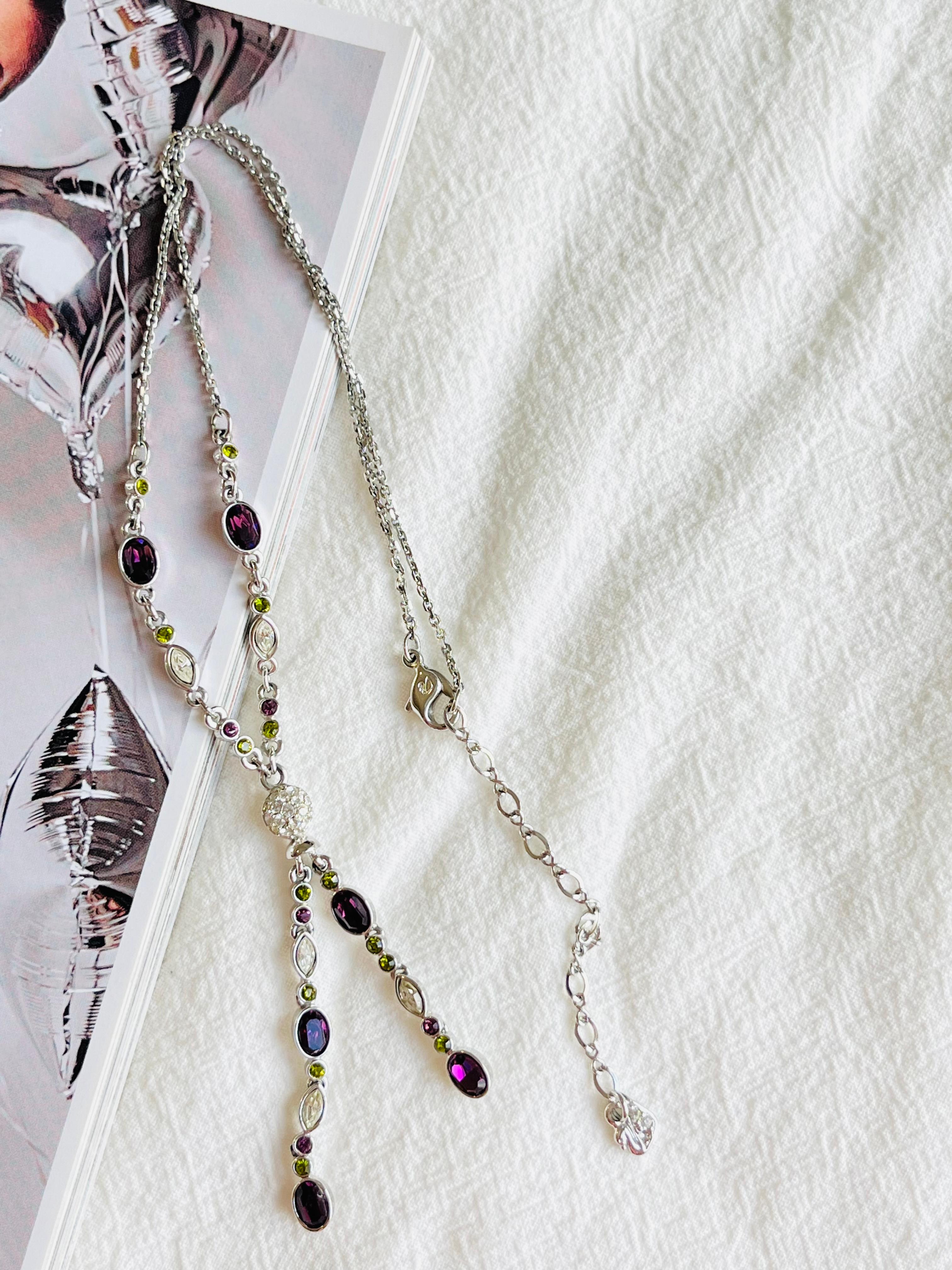 Swarovski Oval White Purple Green Crystals Tassel Y Opera Silver Long Necklace For Sale 1