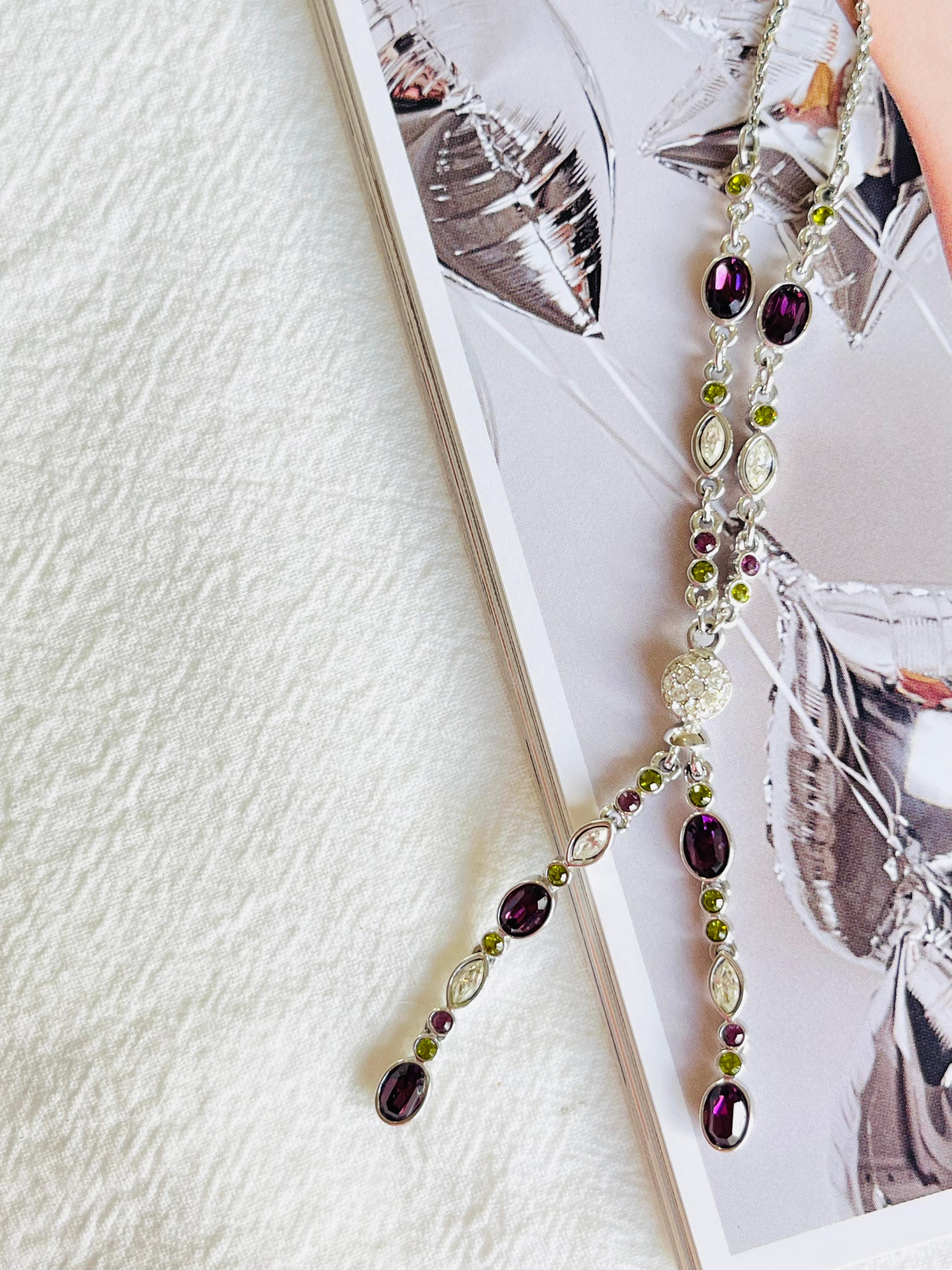 Swarovski Oval White Purple Green Crystals Tassel Y Opera Silver Long Necklace For Sale 2
