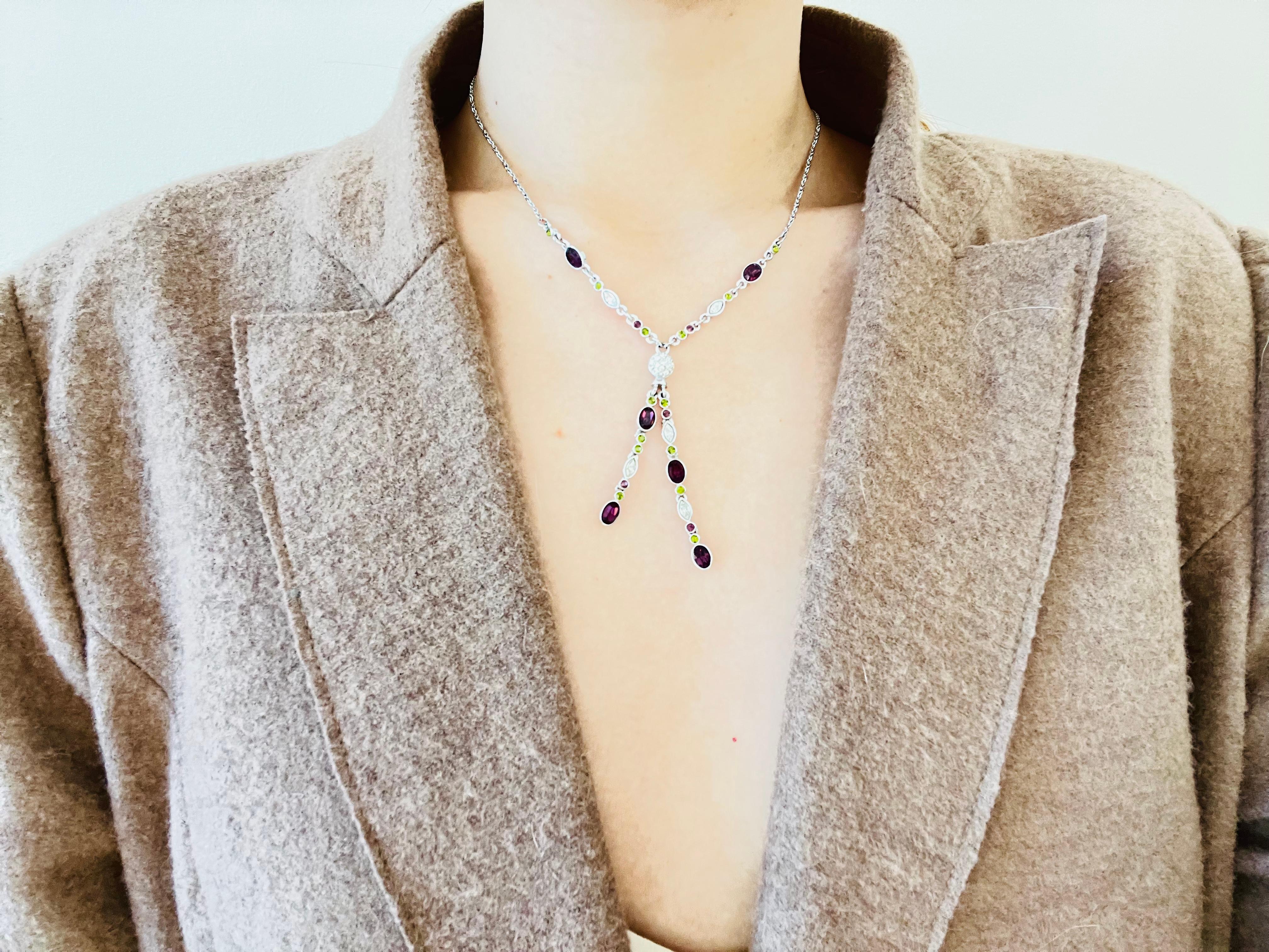 Swarovski Oval White Purple Green Crystals Tassel Y Opera Silver Long Necklace For Sale 3