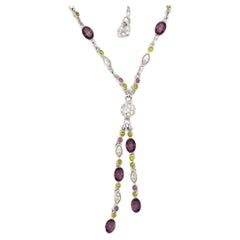 Swarovski Oval White Purple Green Crystals Tassel Y Opera Silver Long Necklace Swarovski Oval White Purple Green Crystals Tassel Y Opera Silver Long Necklace