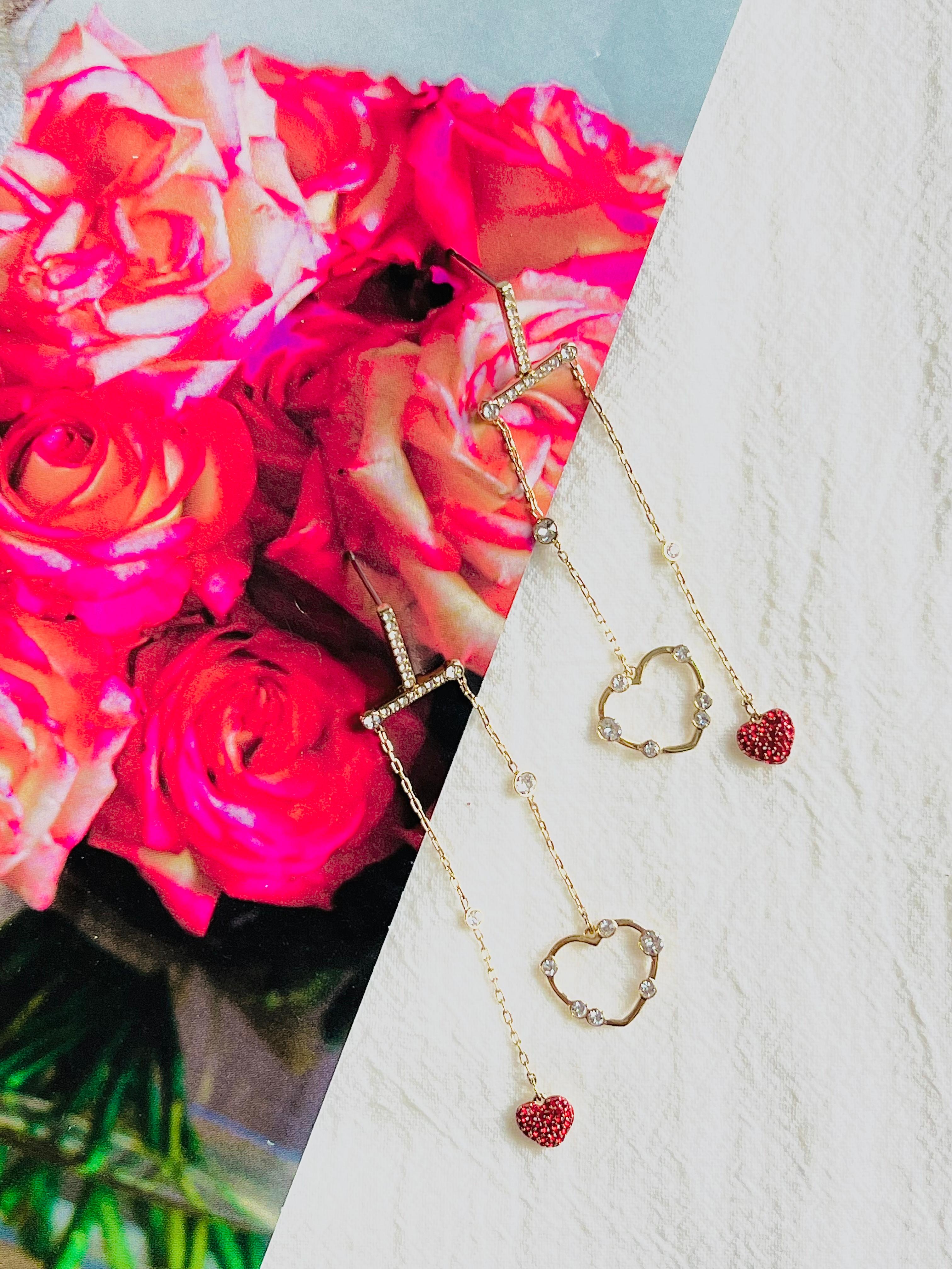 Art Deco Swarovski OXO Red Heart Hove Chandelier Mobile Pierced Gold Drop Earrings, BNWT For Sale