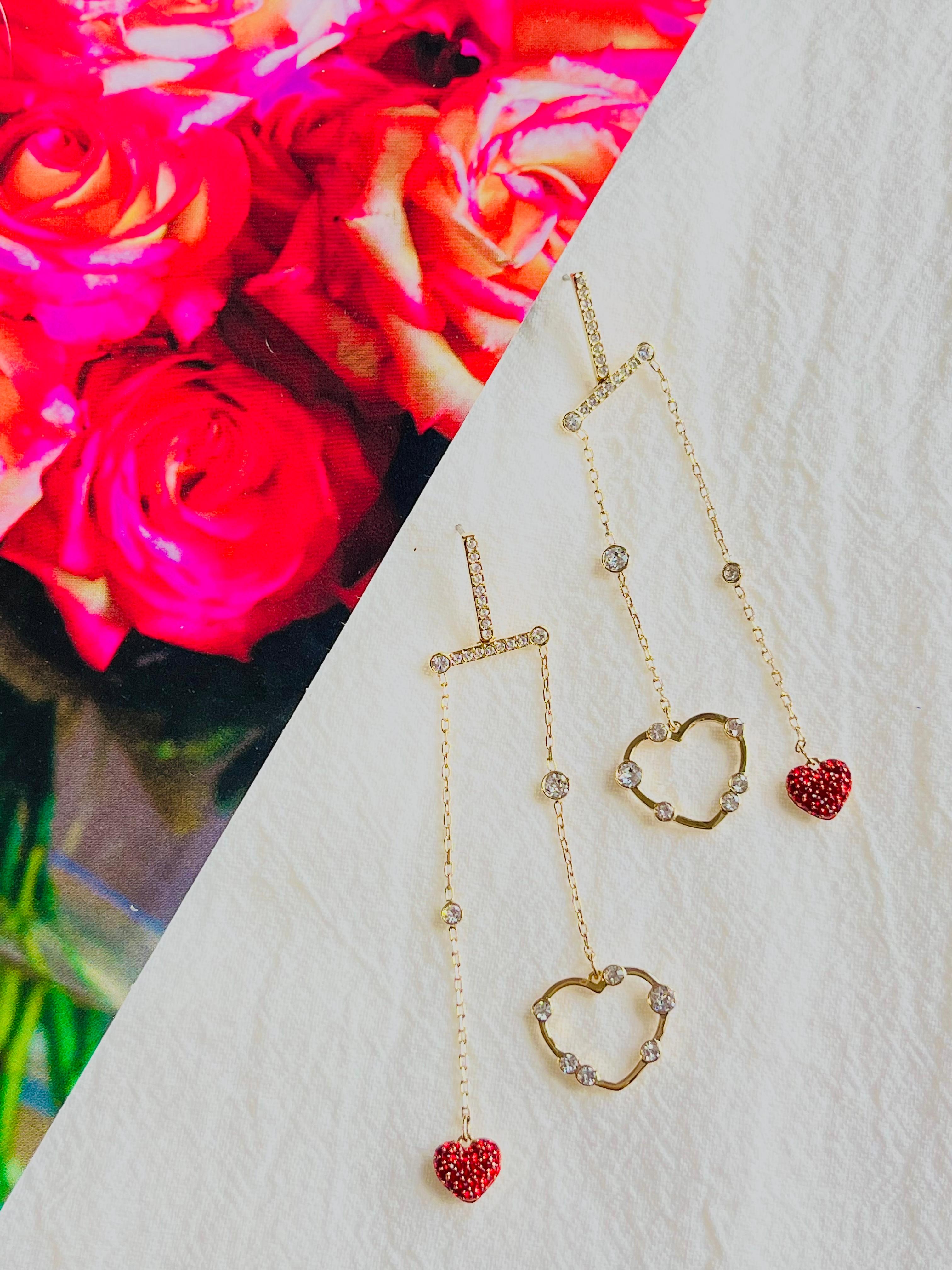 Swarovski OXO Red Heart Hove Chandelier Mobile Pierced Gold Drop Earrings, BNWT In New Condition For Sale In Wokingham, England