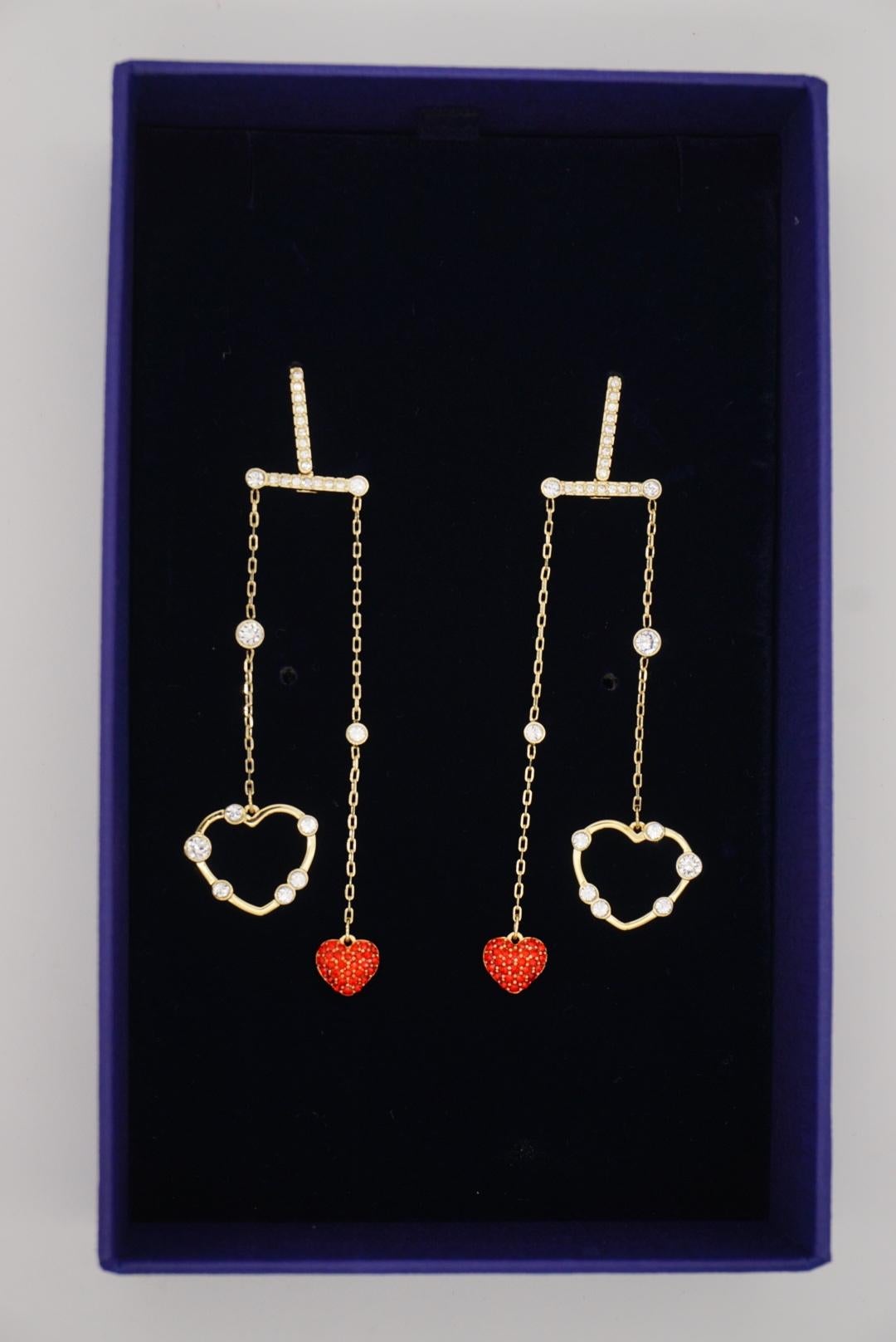 Swarovski OXO Red Heart Hove Chandelier Mobile Pierced Gold Drop Earrings, BNWT For Sale 1