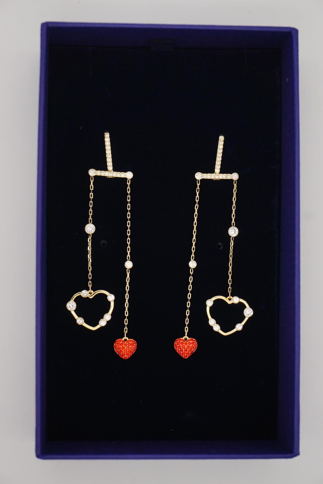 Swarovski OXO Red Heart Hove Chandelier Mobile Pierced Gold Drop Earrings, BNWT For Sale 2