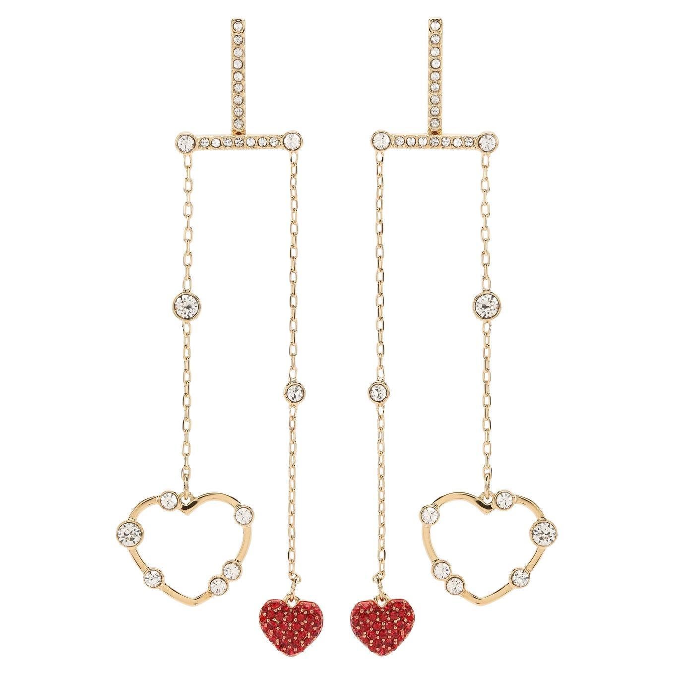 Swarovski OXO Red Heart Hove Chandelier Mobile Pierced Gold Drop Earrings, BNWT For Sale