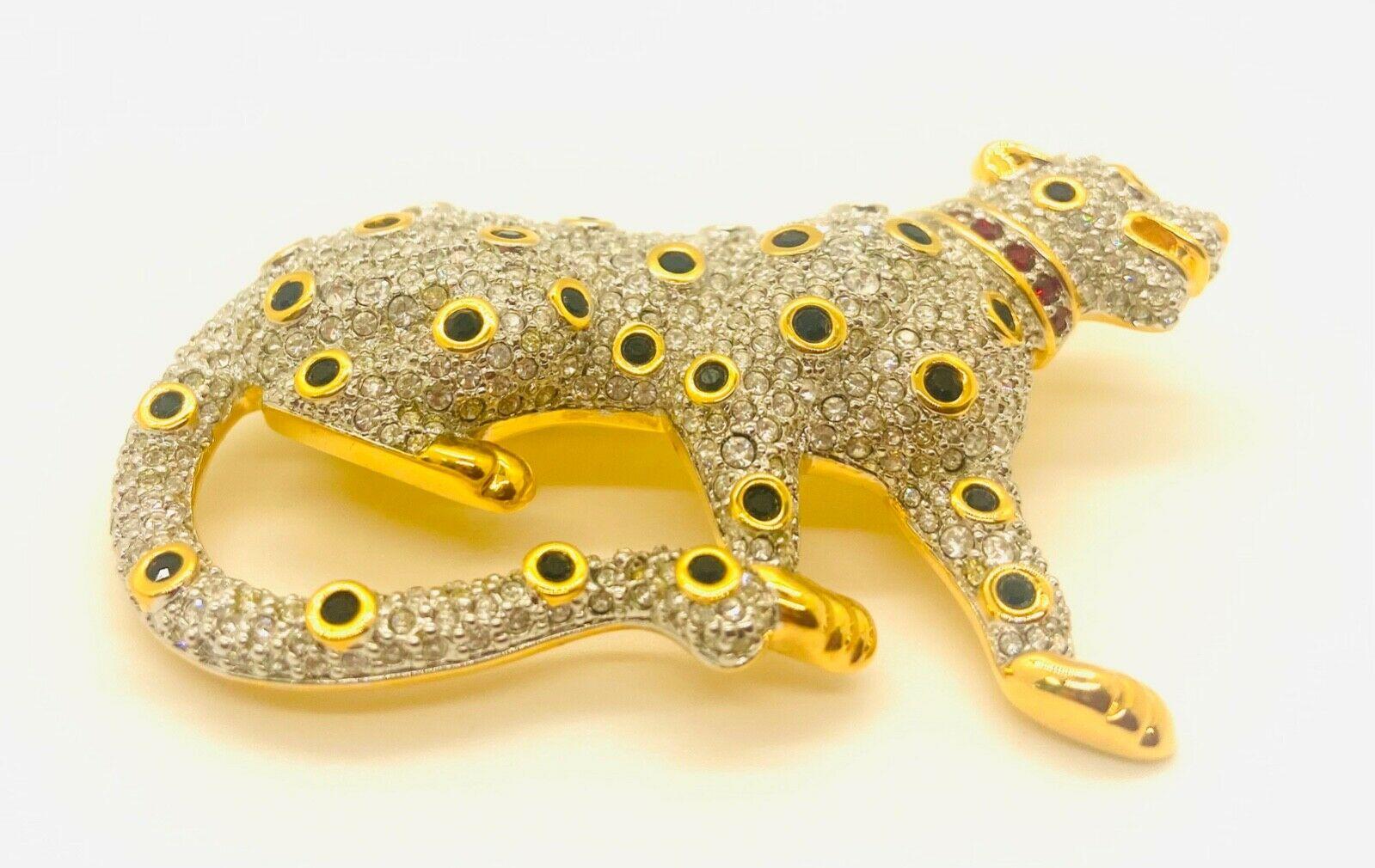 Modern Swarovski Pave' Crystal Gold Leopard Brooch or Pin, Signed and Retired For Sale