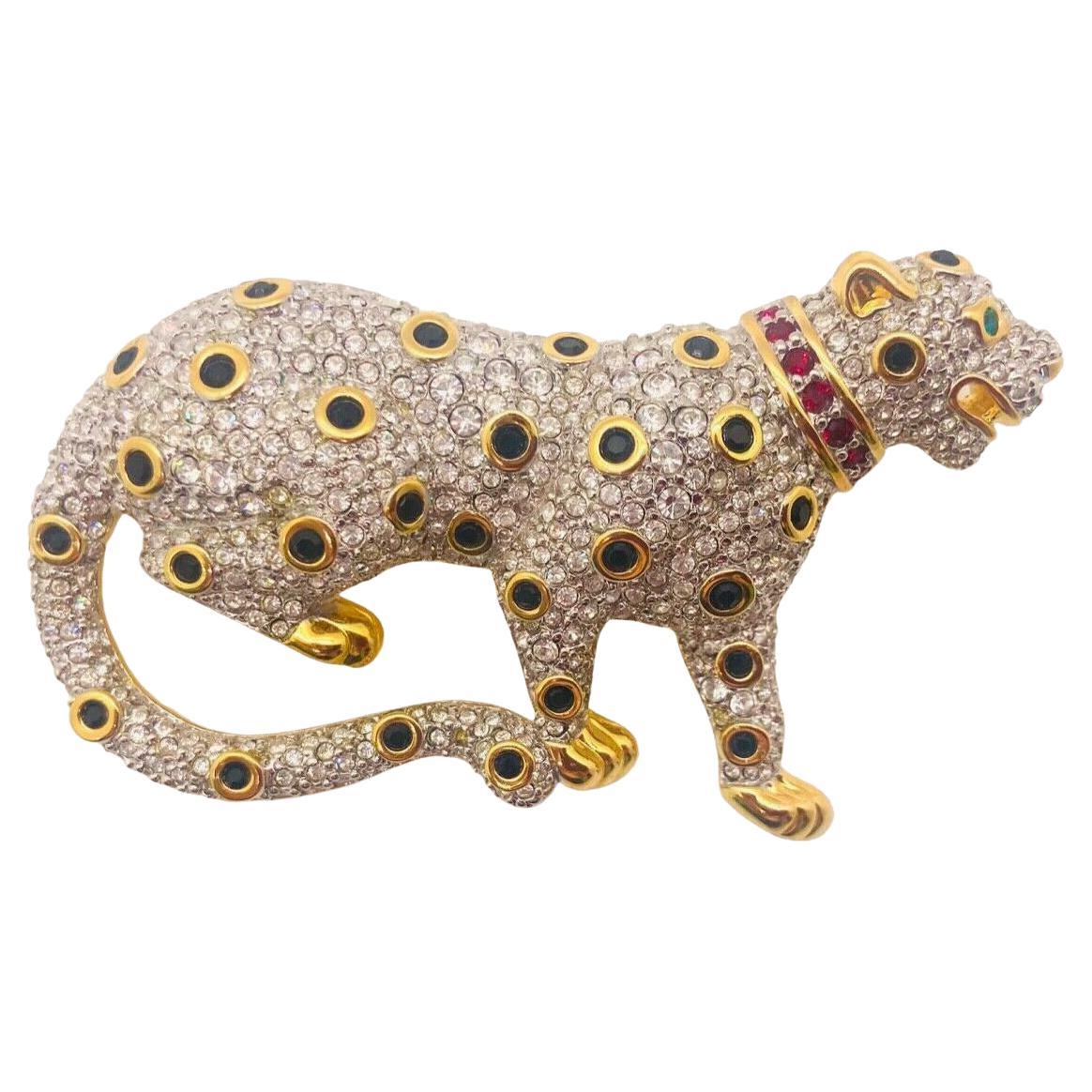 Swarovski Pave' Crystal Gold Leopard Brooch or Pin, Signed and Retired For Sale