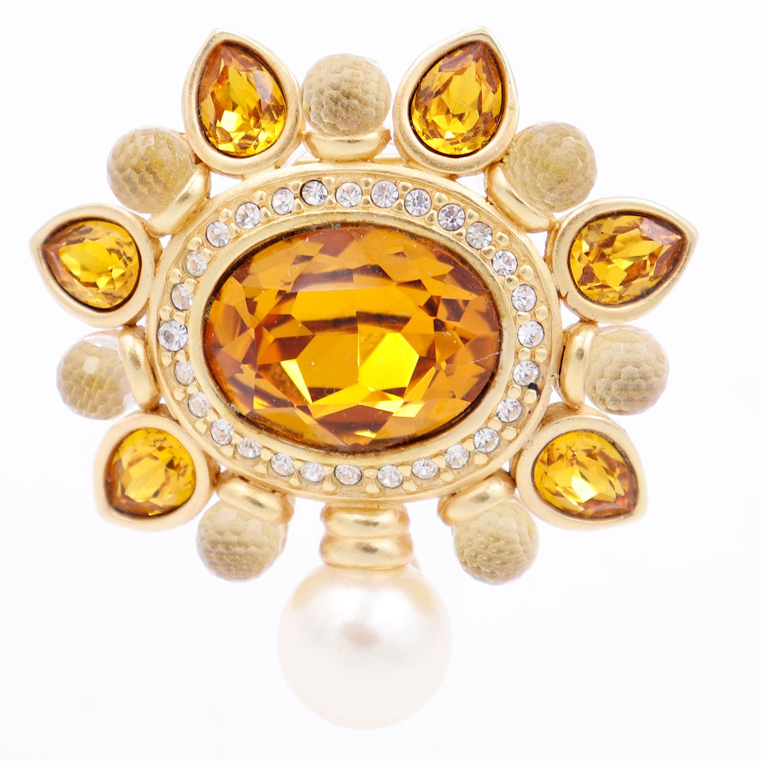 Pear Cut Swarovski Pearl Drop Faceted Amber Crystal Gold Plated Brooch w Swan Logo For Sale