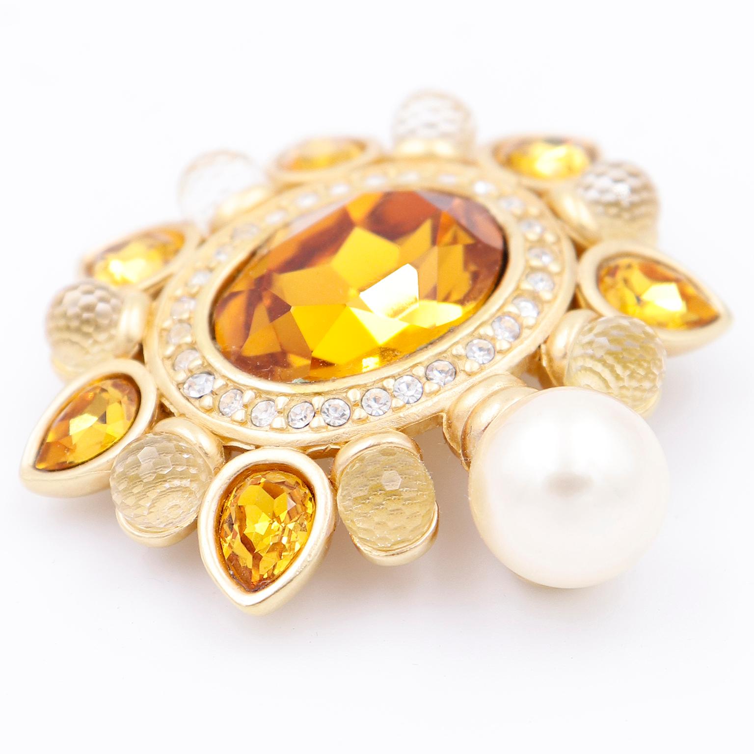 Swarovski Pearl Drop Faceted Amber Crystal Gold Plated Brooch w Swan Logo In Excellent Condition For Sale In Portland, OR