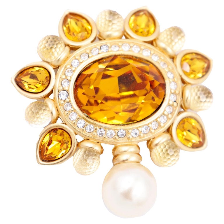 Swarovski Pearl Drop Faceted Amber Crystal Gold Plated Brooch w