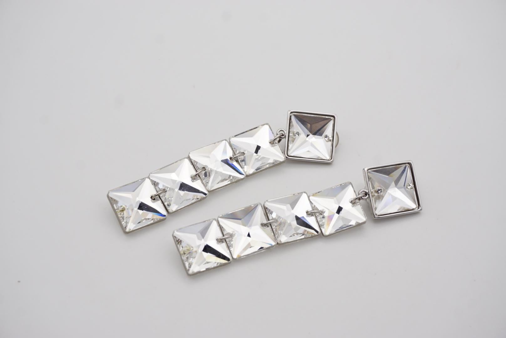 Pendientes de clip con cristales flotantes Swarovski de corte princesa, largos, cuadrados y blancos 5