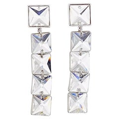 Swarovski Princess Cut Floating Crystals Long Square White Drop Clip Earrings