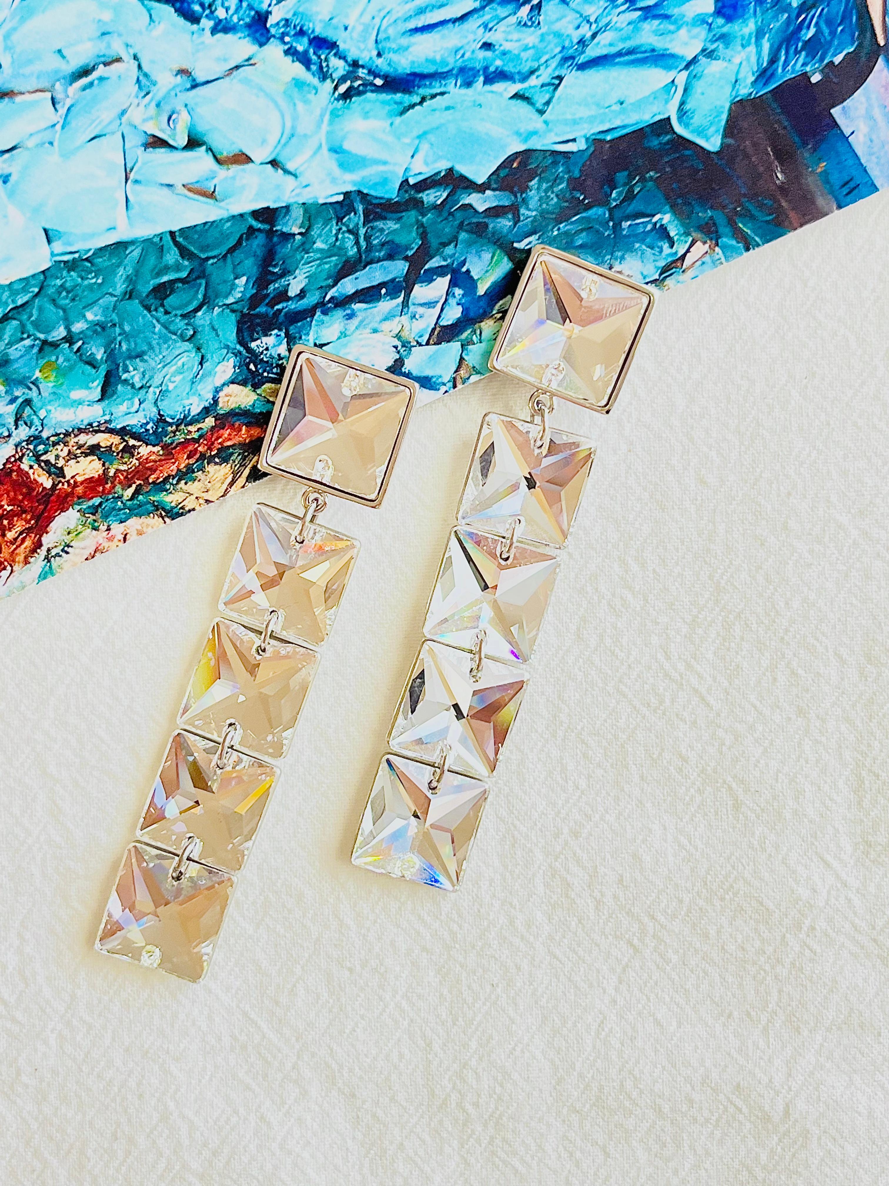 Pendientes de clip con cristales flotantes Swarovski de corte princesa, largos, cuadrados y blancos Art Decó