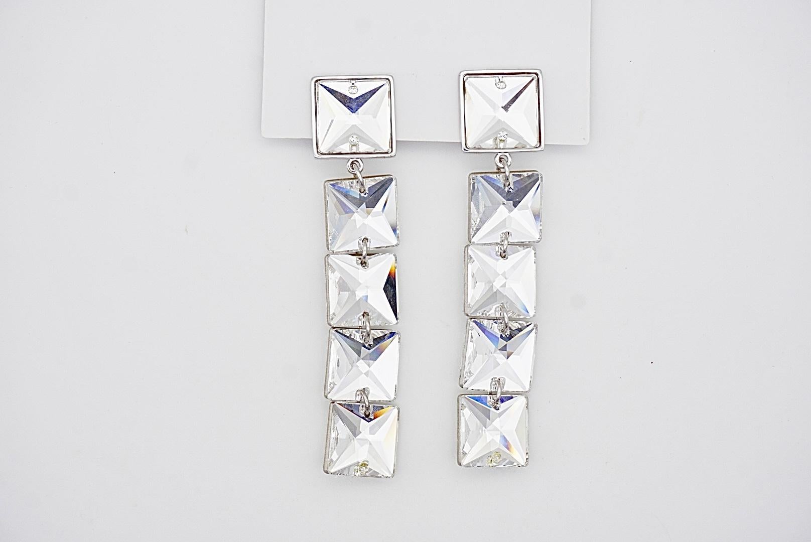 Pendientes de clip con cristales flotantes Swarovski de corte princesa, largos, cuadrados y blancos 3