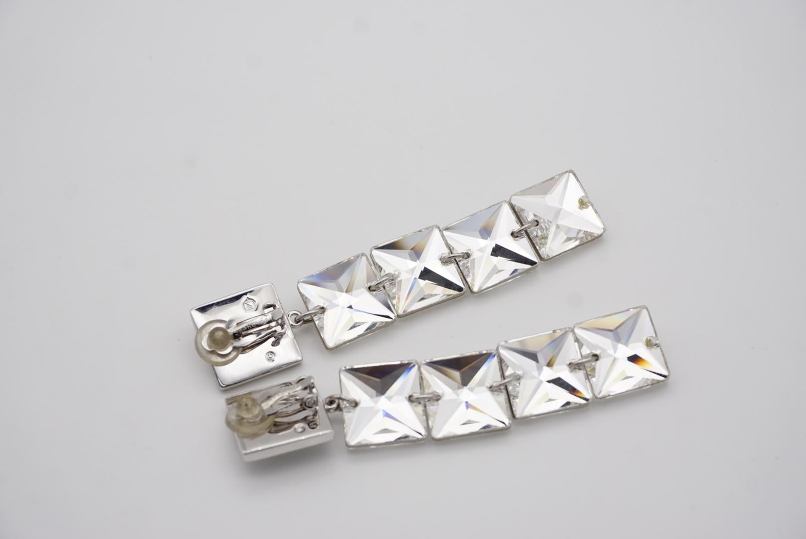 Pendientes de clip con cristales flotantes Swarovski de corte princesa, largos, cuadrados y blancos 4