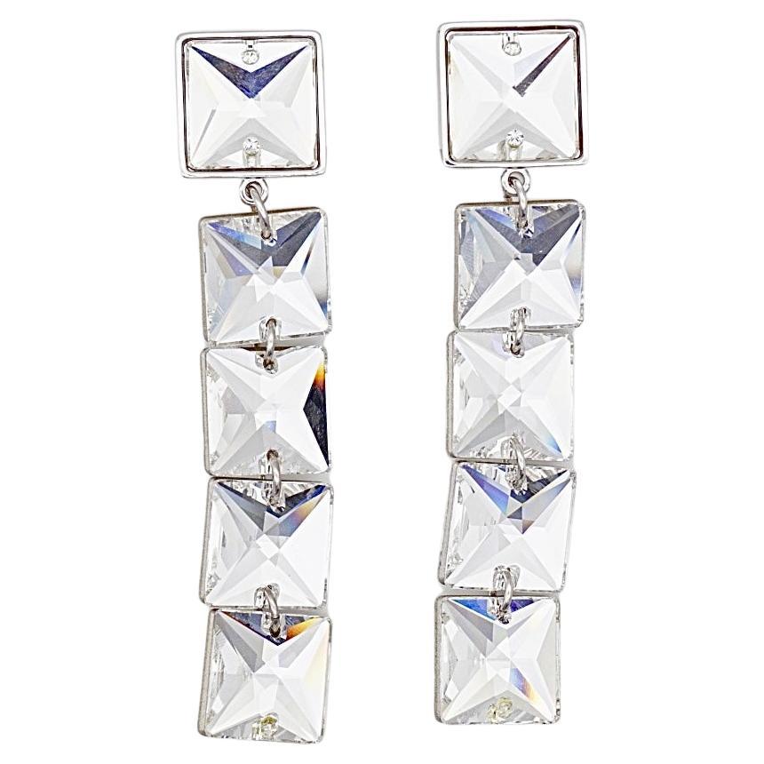 Swarovski Princess Cut Floating Crystals Long Square White Drop Clip Earrings  For Sale