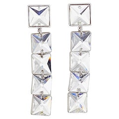 Swarovski Princess Cut Floating Crystals Long Square White Drop Clip Earrings 