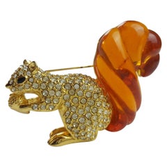 Swarovski Rhinestone & Amber Lucite Squirrel Nolan Miller Brooch Pin Estate Find