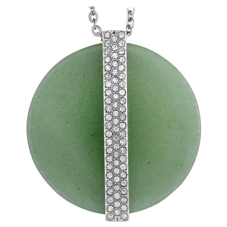 Swarovski Rhodium-Plated Crystal Pave Green Disk Pendant Necklace