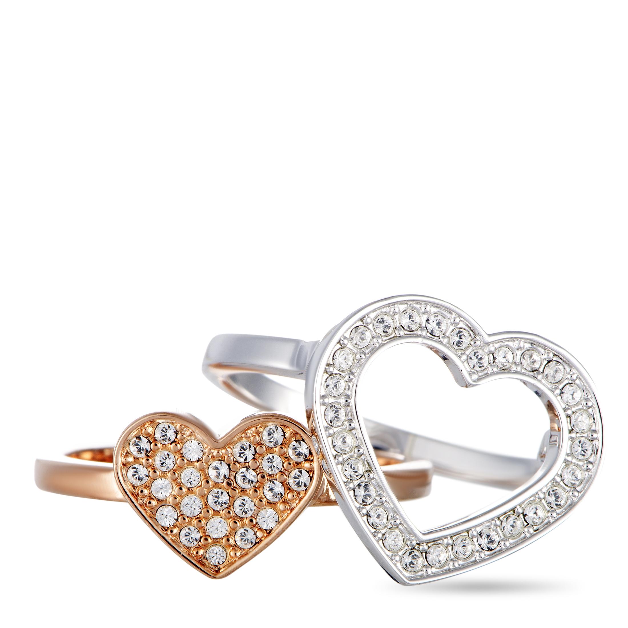 Women's Swarovski Rhodium-Plated Crystal Pave Heart Two Ring Set