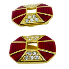 SWAROVSKI SAL gold plated red enamel crystals art deco designer clip on earrings