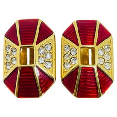 SWAROVSKI SAL gold plated red enamel crystals art deco designer clip on earrings