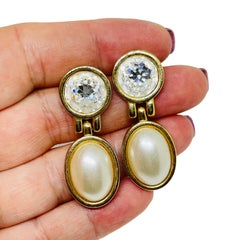 SWAROVSKI SAL signed vintage gold plated pearl crystals designer drop earrings