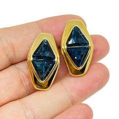 SWAROVSKI SAL signé vintage boucles d'oreilles clip en cristal de saphir plaqué or